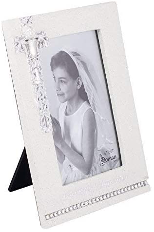 8" First Holy Communion White Frame with Silver Scroll Chalice Design - Holds 4x6 Photo